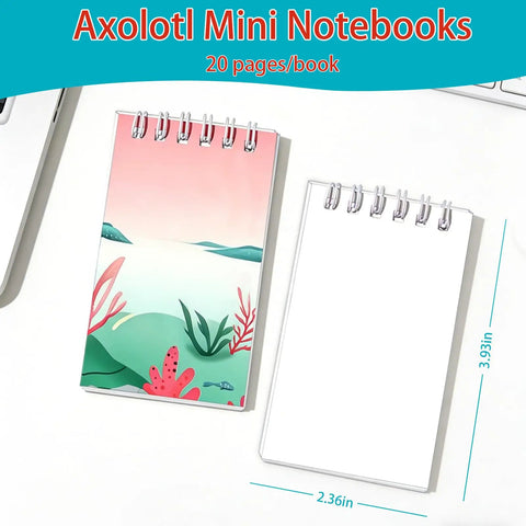 Axolotl Mini Notebooks showing colorful cover and blank pages, 20 pages per book, dimensions 2.36 x 3.93 inches