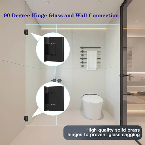 Heavy Duty 90 Degree Glass Shower Door Hinges In Solid Brass Black Finish Replacement Hardware installed in bathroom