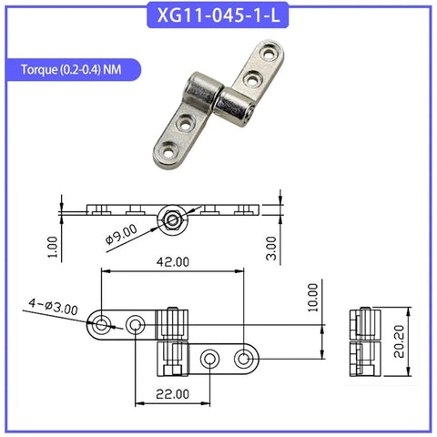 Isometric view of 360° zinc alloy adjustable torque hinge with damping, model XG11-045-1-L