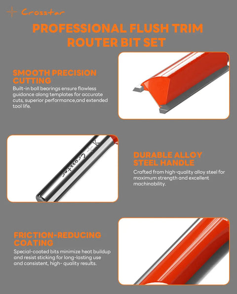 Professional flush trim router bit set with alloy steel handle and friction-reducing coating, close-up view.