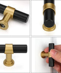 10 Pack Black And Gold Cabinet Knobs For Kitchen Cabinets Dressers And Drawers With Arch Bow Design, close-ups showing matte black finish and gold accents.