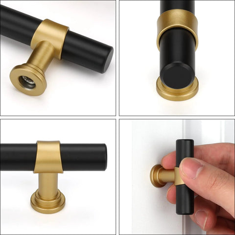 10 Pack Black And Gold Cabinet Knobs For Kitchen Cabinets Dressers And Drawers With Arch Bow Design, close-ups showing matte black finish and gold accents.