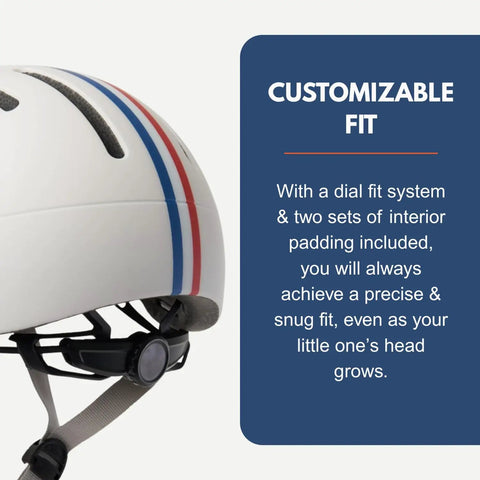 Close-up of Junior Toddler Helmet With Free Reflective Sticker Pack For Ages 1 And Up, Adjustable Dial Fit, Speedway Creme design.