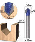 Yakamoz 90-degree V-groove router bit set, 1/4 in shank; cutters 1/4 in, 5/16 in, 3/8 in, 1/2 in shown with wood sign.