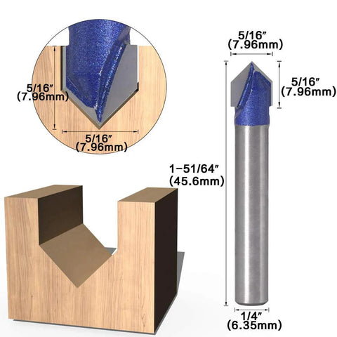 Yakamoz 90-degree V-groove router bit set, 1/4 in shank; cutters 1/4 in, 5/16 in, 3/8 in, 1/2 in shown with wood sign.
