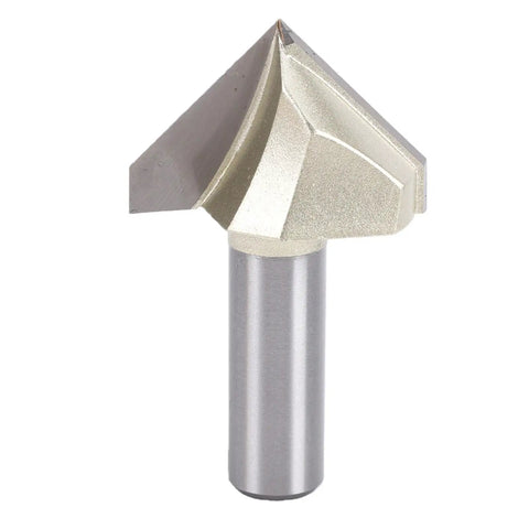 Top Tier 90 Degree V Groove Router Bit With 1/2 Inch Shank For Woodworking Projects, showing sharp steel edge and sturdy shank.