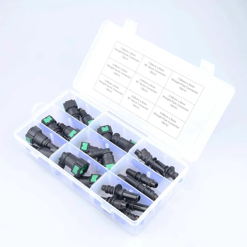 24 Piece Fuel Line Quick Connector Kit Assorted SAE Sizes 7.89mm 9.49mm 9.89mm To 8mm Includes 90 Degree And Straight Adapters And Pipe Fittings