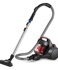 Legit Bagless Canister Vacuum Cleaner With Lightweight Body And Smooth Grip Handle For No Sweat Daily Cleaning Featuring Instant Airflow Controls And Three Zone Settings For Rugs Upholstery And Hardwood Floors in black and red with a flexible hose.
