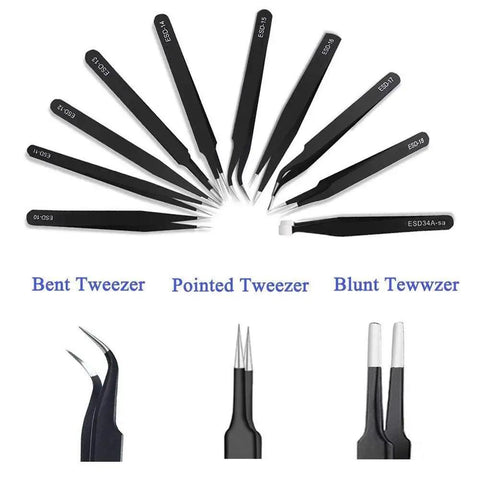 10 Piece ESD Safe Precision Tweezers Set Stainless Steel Anti Static Non Magnetic With Storage Bag For DIY Electronics Repair Jewelry Making And Laboratory Work, assorted tips