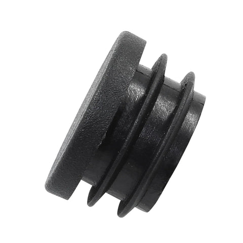 Side view of a black round plastic plug end cap from the Twenty Pack Seven Eighths Inch Round Plastic Plug End Caps For Furniture Tubing Fit Inner Diameter 0.78 To 0.82 Inch Black Durable PE Suitable For DIY Projects Home Improvement And Industrial Use.