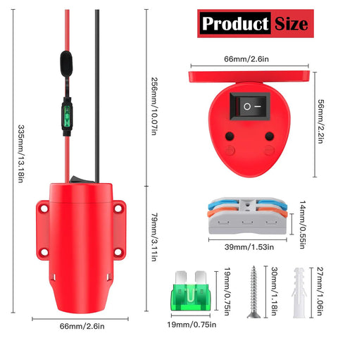 Power Wheel Battery Adapter For 12V DIY RC Cars And Robotics With Switch Fuse And 12AWG Wire Terminals size details