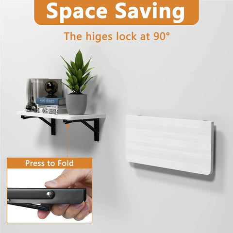 Heavy Duty 8 Inch Foldable Shelf Brackets For Diy Folding Tables Rock Solid Steel Build Supports 300 Pounds Knockout Grip Design Smooth Quick Install perfect for decks, showcasing a space-saving setup with a folded shelf.