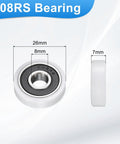Slick 4 Pack Heavy Duty Roller Idler Bearing Pulleys 8X26X7MM White Pom Plastic showing 608RS ball bearing dimensions.