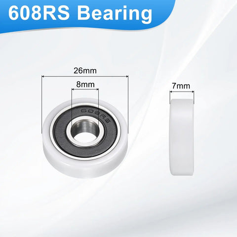 Slick 4 Pack Heavy Duty Roller Idler Bearing Pulleys 8X26X7MM White Pom Plastic showing 608RS ball bearing dimensions.