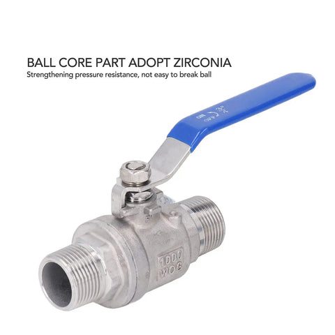Built Like A Tank 304 Stainless Steel Ball Valve 3/4 Inch Npt Male Thread with blue lever for plumbing tasks.