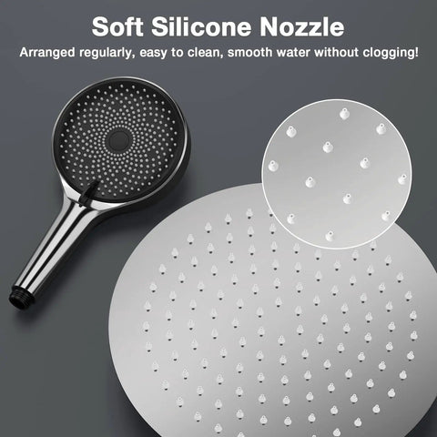 Rainfall Shower System With 10 Inch Handheld, depicting silicone nozzles and chrome finish for smooth water flow.