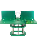 Heavy Duty Aluminum Woodworking Bench Router Lift System With Dead Nuts Precise Manual Crank Height Control and Easy Two Inch Stroke Tuning for Small Trim Routers Built Tight, green aluminum construction.
