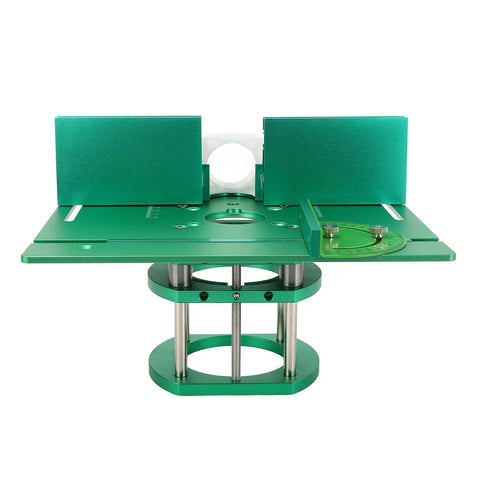 Heavy Duty Aluminum Woodworking Bench Router Lift System With Dead Nuts Precise Manual Crank Height Control and Easy Two Inch Stroke Tuning for Small Trim Routers Built Tight, green aluminum construction.