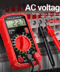 Pro Grade Digital Multimeter SZ308 with LCD display showing voltage in red case with leads for AC DC testing