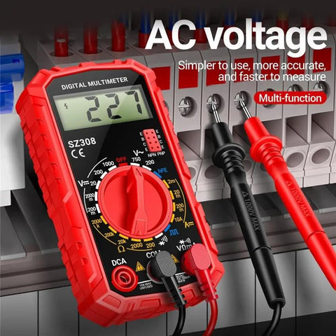 Pro Grade Digital Multimeter SZ308 with LCD display showing voltage in red case with leads for AC DC testing