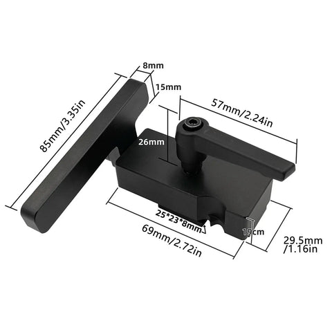 Aluminum Stop Block for Miter Track and 45 Type Positioner, dimensions labeled for precise woodworking, fatigue reducing tool.