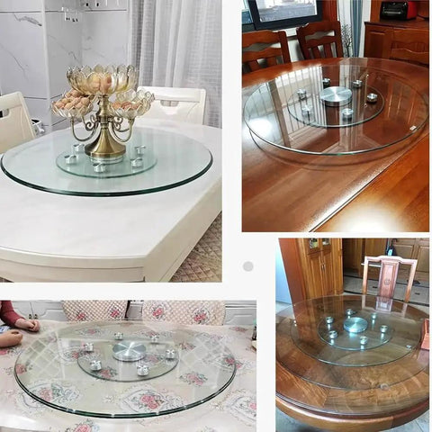 31-35 Inch Tempered Glass Lazy Susan No Fuss Rotating Serving Tray For Effortless Food Sharing on dining tables, smooth glass