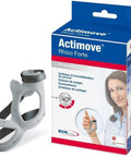 Rhizo Forte Thumb Brace in gray next to product packaging showing right hand use and open low-profile design for pain relief.