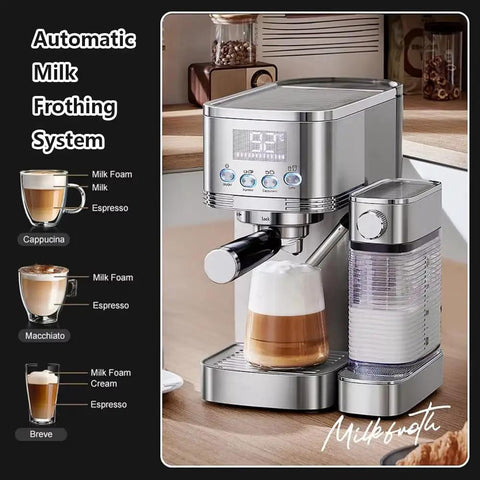 Top Shelf 20 Bar Espresso Machine With Built In Milk Frother And Three Speed Temperature Control makes creamy cappuccinos.
