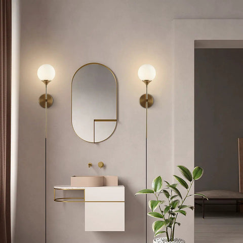 Gold Glass Globe Wall Sconces Set Of 2 Plug In Mid Century Modern Look for vanity bathroom with brass finish