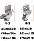 Image of 8 Piece Side Mount Casters, 1 Inch Swivel Caster Wheels with measurements for brake and wheel sizes.