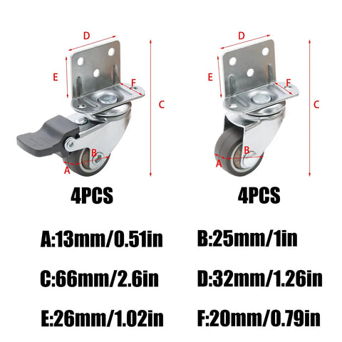 Image of 8 Piece Side Mount Casters, 1 Inch Swivel Caster Wheels with measurements for brake and wheel sizes.