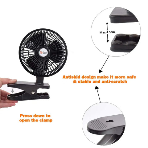 Dope Convertible 6 Inch Desk And Clip On Fan With Two Quiet Speeds For Home Office Dorm Rooms Portable Personal Desktop Fan With Clip Or Tabletop Use Six Foot AC Powered Cord Black, showing side clamp and antiskid design