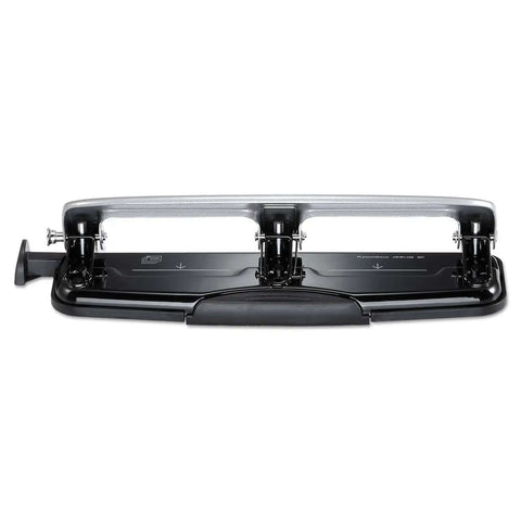 EZ Squeeze 12 Sheet Three Hole Punch With No Jam Tech, silver and black, all-metal design with built-in ruler and paper guide, front view