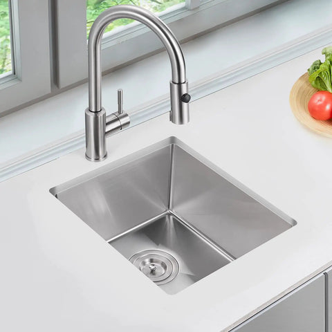 Top view of Undermount 15x15 Inch Kitchen Sink In Brushed T304 Stainless Steel Handmade Single Bowl Bar And Prep Sink For Small Kitchens Fits Standard Three Point Five Inch Drain Opening Durable Undermount Design installed in countertop.