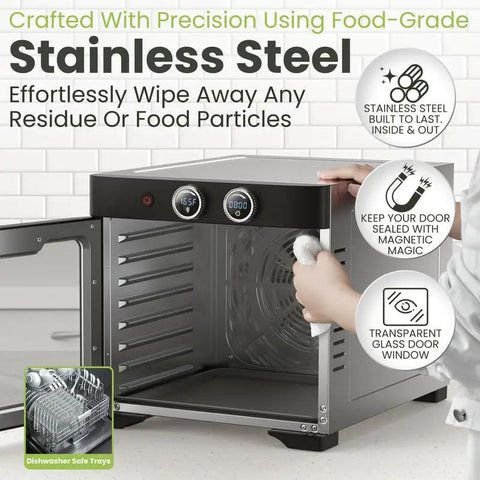 Real Deal Professional Grade Food Dehydrator Featuring Eight Heavy Duty Stainless Steel Trays And No Sweat Digital Controls For Smooth Jerky Fruit Meat Drying Daily with stainless steel exterior and digital controls.
