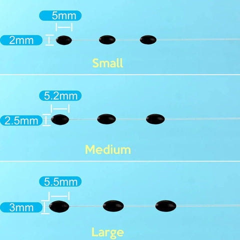 Sizes of Rubber Bobber Stopper Set For Texas Rig And Flipping, Sinker Pegs And Black Oval Beads, Durable Terminal Tackle shown by 600 Pack diagram