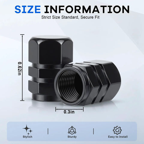 12 Pack Tire Valve Stem Caps Black Universal Fit For Cars, SUVs, Trucks, Motorcycles And Bikes, size information displayed.