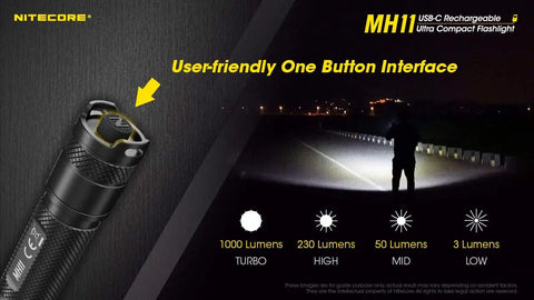 Mh11 1000 Lumen Rechargeable Flashlight with USB C Fast Charge, EDC Pocket Light beam modes shown and one button interface
