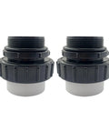 Two black PVC pool pump unions with gray socket ends, 2-pack, 2 in MIP x 2 in PVC hi-temp unions