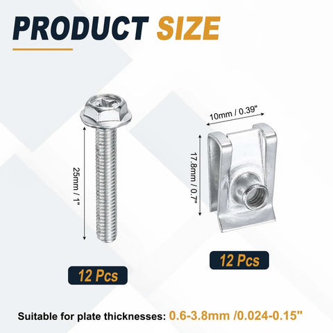 12-Piece M4 Body Bolts And U Nuts Kit For Car Bumpers And Fender Liners, Manganese Steel U Retainers, Plug-And-Play Engine Bay Fasteners, Universal Fit For Most Cars, No-Fuss Install, Heavy-Duty Auto Fastening Accessories, with 25mm bolt and 17.8mm U-nut