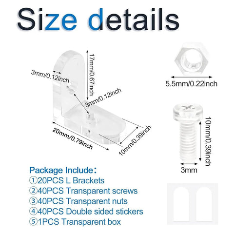 Clear Acrylic L Shaped Corner Brackets 20 Pack For Diy Shelf Setup And Furniture Corner Joint 90 Degree Right Angle Braces size details