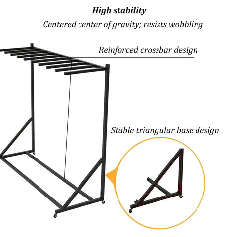 Rolling Life Jacket Display Rack for Pools and Docks, 3 tier iron frame with reinforced crossbar and triangular base, stability focus