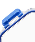 Close-up of blue silicone ring and locking lid from Leak Proof Glass Food Storage Set With Borosilicate Glass, Oven Safe And Stain Resistant