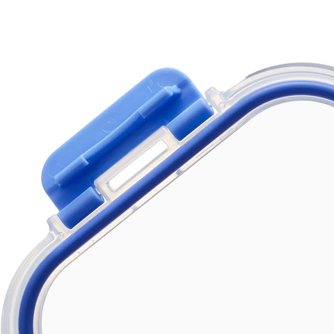 Close-up of blue silicone ring and locking lid from Leak Proof Glass Food Storage Set With Borosilicate Glass, Oven Safe And Stain Resistant