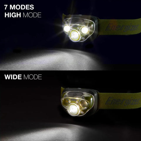 Ultra Bright LED Headlamp For Outdoors, Camping And Night Runs, IPX4 Water-Resistant showing high and wide modes