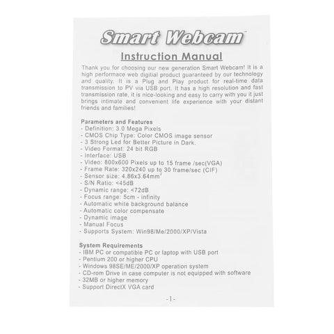 Smart Webcam instruction manual detailing setup and specifications, including video resolution and system requirements.