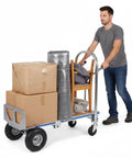 3 In 1 Folding Hand Truck Dolly Cart With 550 Lbs Capacity, Stair Climber Convertible Platform, Lightweight Aluminum Design For Appliances, Furniture, And Travel Gear, Easy Fold Up Tote For Quick Haul loaded with boxes and chair