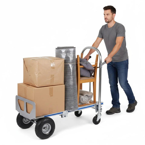 3 In 1 Folding Hand Truck Dolly Cart With 550 Lbs Capacity, Stair Climber Convertible Platform, Lightweight Aluminum Design For Appliances, Furniture, And Travel Gear, Easy Fold Up Tote For Quick Haul loaded with boxes and chair