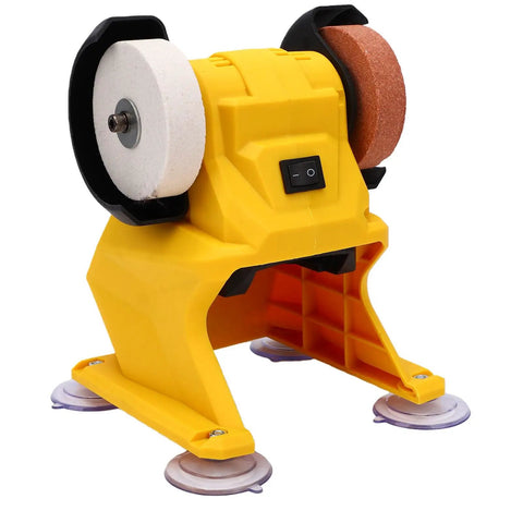LiebeWH Cordless Bench Grinder Featuring 4 Suction Cups Mini Sander And Polishing Machine With DCB206 Battery Compatibility For Robust Metal Grinding Sanding Sharpening Tasks 5500RPM Speed Compact Design with grinding wheels and suction feet.