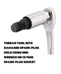 Dual Size Spark Plug Thread Chaser Tool For M10 1.0, M12 1.25, M14 1.5, M18 1.5 Threads With A 13 Sixteenth Inch Hex Head Black Steel Construction For Quick Rethreading And Cleaning Pro Grade 2 Pack shown in a wrench.
